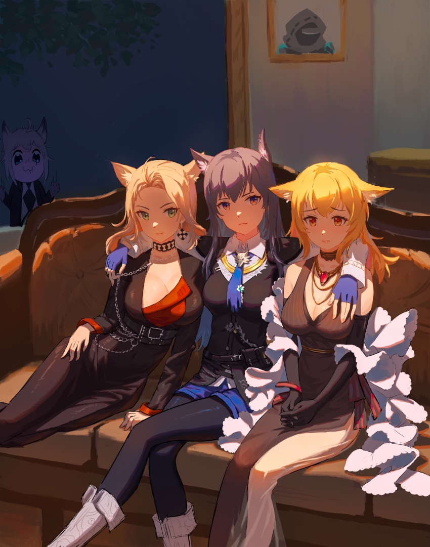 4girls, arknights, arm_around_neck, bare_shoulders, bkub_(style), black_dress, black_gloves, black_hair, black_pantyhose, black_vest, blonde_hair, blue_eyes, blue_gloves, blue_shorts, boots, breasts, character_request, cleavage, closed_mouth, collared_shirt, commentary_request, couch, covered_navel, dhsl, doctor_(arknights), dress, elbow_gloves, fingerless_gloves, forehead, giovanna_rossati_(arknights), gloves, green_eyes, grey_hair, highres, indoors, lappland_(arknights), lappland_(refined_horrormare)_(arknights), long_hair, long_sleeves, medium_breasts, multiple_girls, on_couch, pantyhose, pantyhose_under_shorts, poptepipic, red_eyes, see-through_clothes, shirt, short_shorts, shorts, smile, sora_(arknights), sora_(melodiosa)_(arknights), texas_(arknights), texas_the_omertosa_(arknights), very_long_hair, vest, white_footwear, white_shirt, window