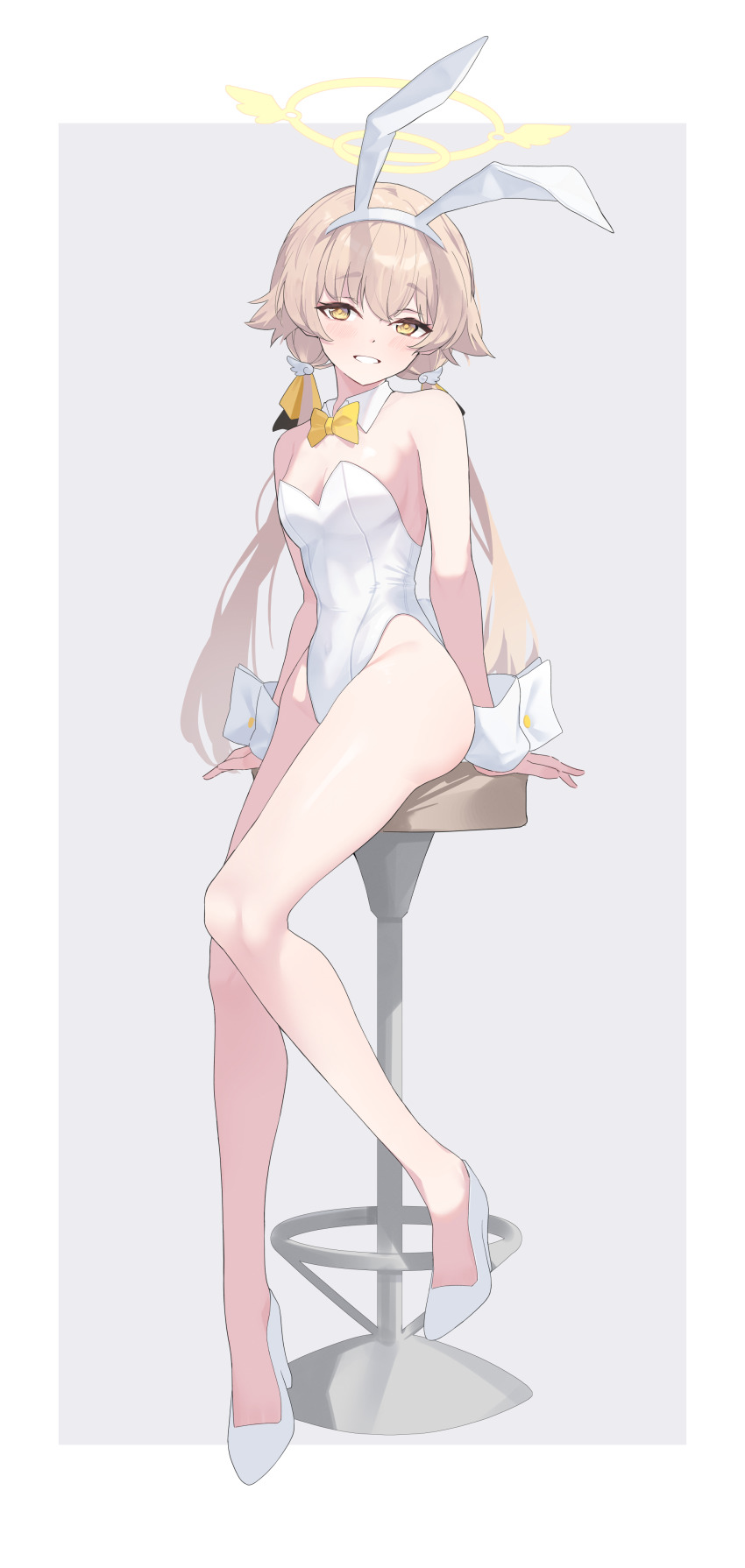 1girl, absurdres, animal_ears, arume_ad, bar_stool, bare_legs, blue_archive, blush