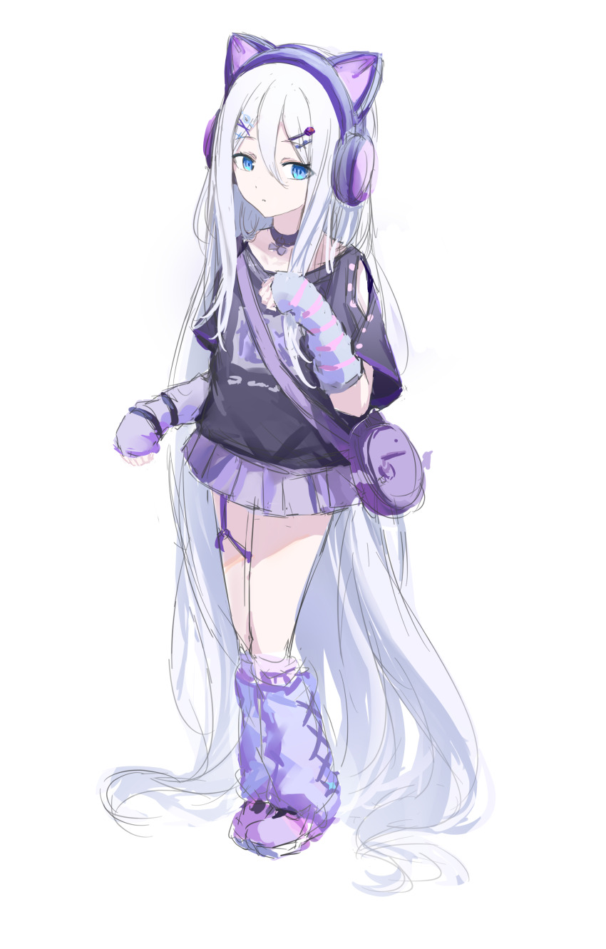 1girl, absurdly_long_hair, absurdres, animal_ear_headphones, animal_ears, arm_warmers, bag, black_choker