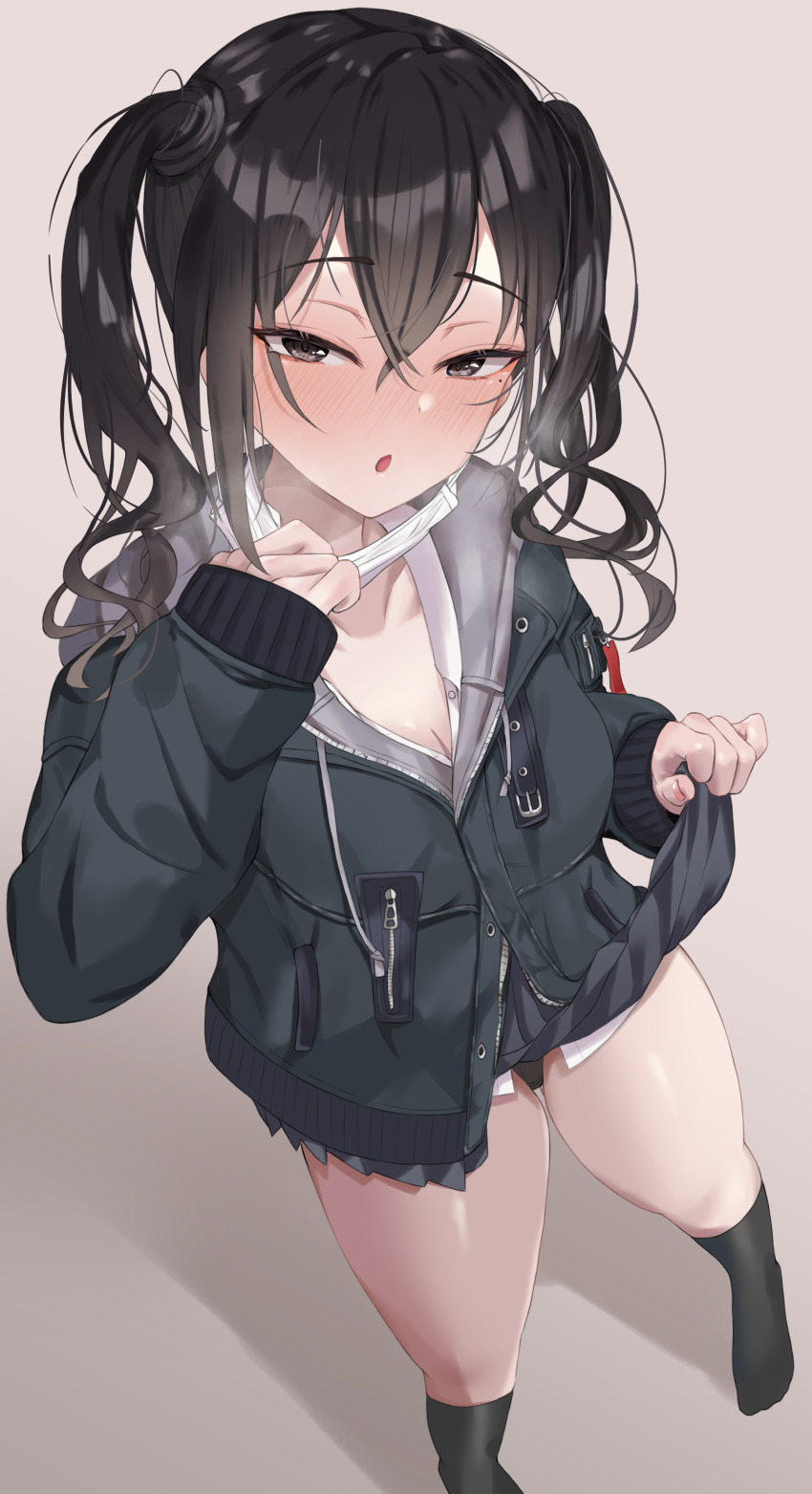 1girl, :o, absurdres, black_eyes, black_hair, black_skirt, black_socks, blush