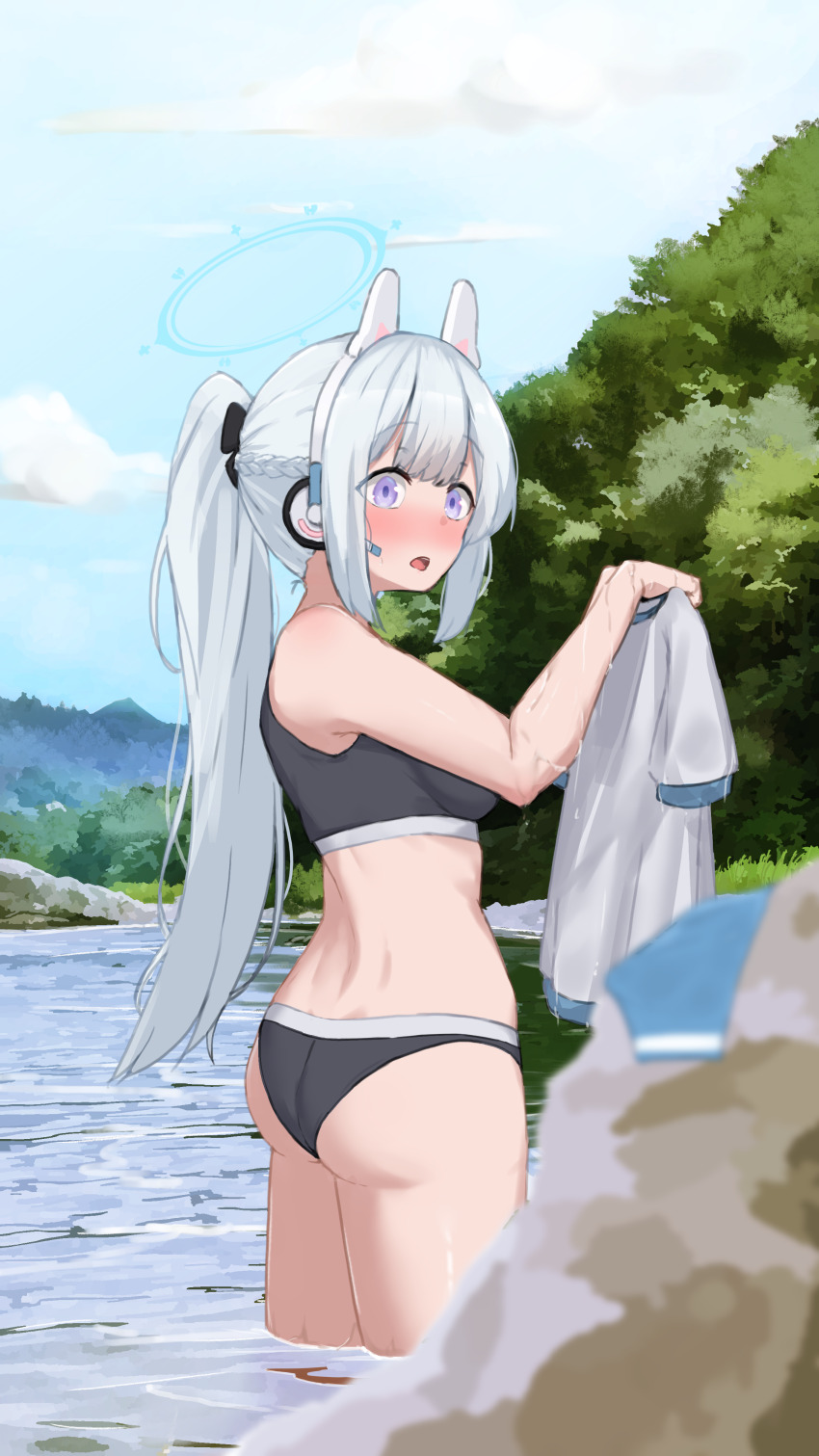 1girl, absurdres, animal_ears, ass, back, black_bra, black_panties, black_ribbon, black_sports_bra, blue_archive, blue_sky, blurry, blurry_foreground, blush, bra, braid, cloud, commentary_request, fake_animal_ears, grass, hair_ribbon, halo, headset, highres, holding, holding_shirt, holding_unworn_clothes, long_hair, looking_to_the_side, miyako_(blue_archive), mountainous_horizon, noe_(ppppriver), open_mouth, panties, ponytail, purple_eyes, rabbit_ears, ribbon, rock, shirt, sky, solo, sports_bra, sports_panties, standing, tree, underwear, unworn_shirt, wading, washing_clothes, water, wet, white_hair, white_shirt