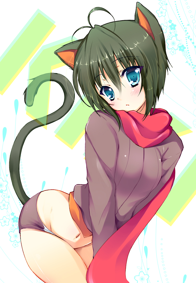 1girl, ahoge, animal_ears, blue_eyes, blush, cat_ears, cat_tail, female_focus, green_hair, kiki_(koba), navel, original, sakura_hanpen, scarf, short_shorts, shorts, solo, tail