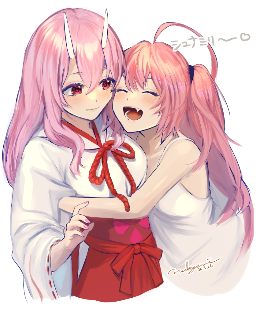 2girls, :d, absurdres, ahoge, bare_arms, brown_hair, closed_eyes, closed_mouth