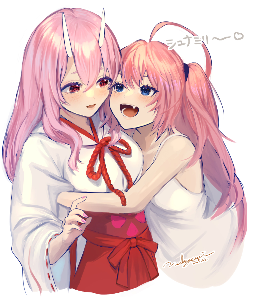 2girls, :d, absurdres, ahoge, bare_arms, blue_eyes, brown_hair, collarbone