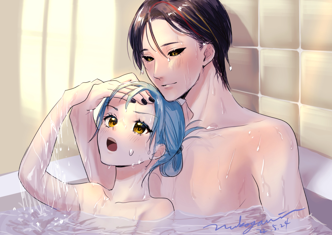 1boy, 1other, bathtub, black_hair, black_nails, black_sclera, blue_hair, blush