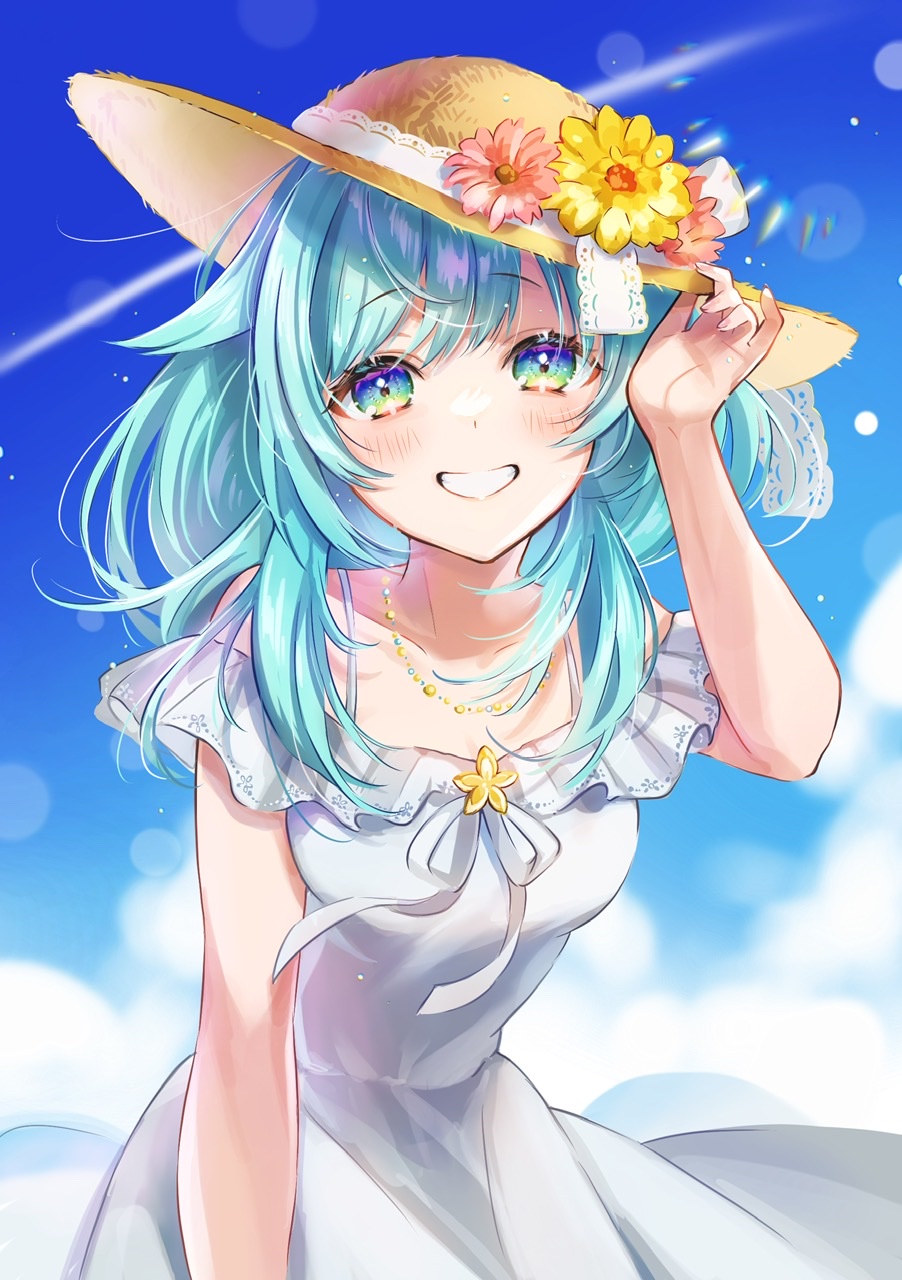 1girl, blue_eyes, blue_hair, blue_sky, blush, collarbone, commission, dress