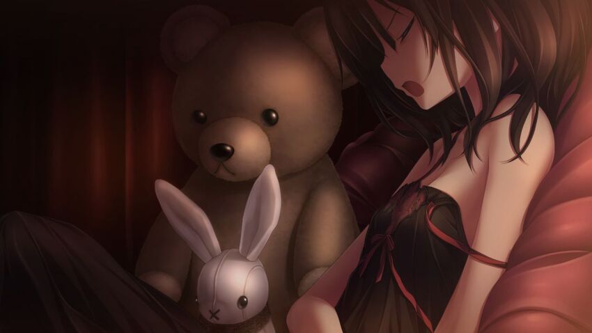 1girl, amatsutsumi, black_dress, breasts, brown_hair, cleavage, closed_eyes, dress