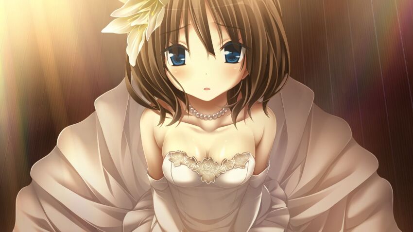 1girl, amatsutsumi, blue_eyes, breasts, brown_hair, cleavage, collarbone, dress