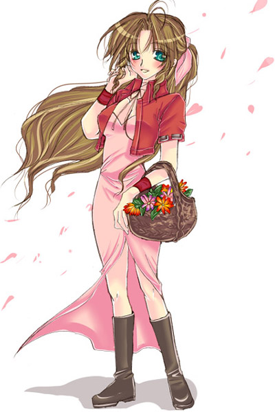 1990s_(style), 1girl, aerith_gainsborough, basket, blush, boots, brown_hair, dress