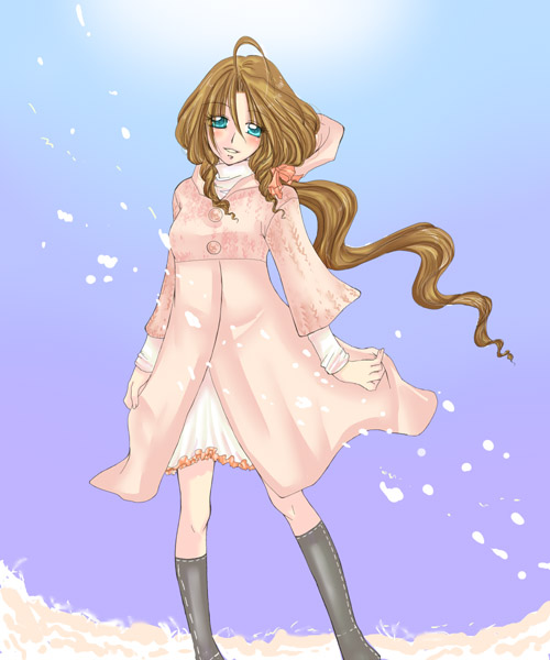 1990s_(style), 1girl, aerith_gainsborough, blue_eyes, blush, boots, brown_hair, dress
