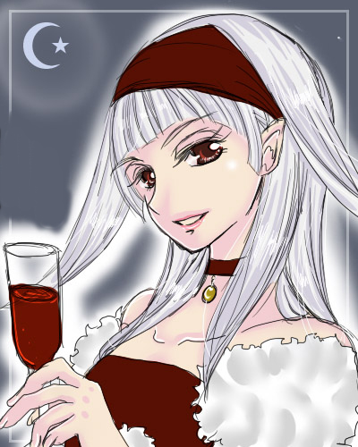 1girl, alcohol, choker, crescent_moon, cup, drinking_glass, female_focus, gensou_suikoden