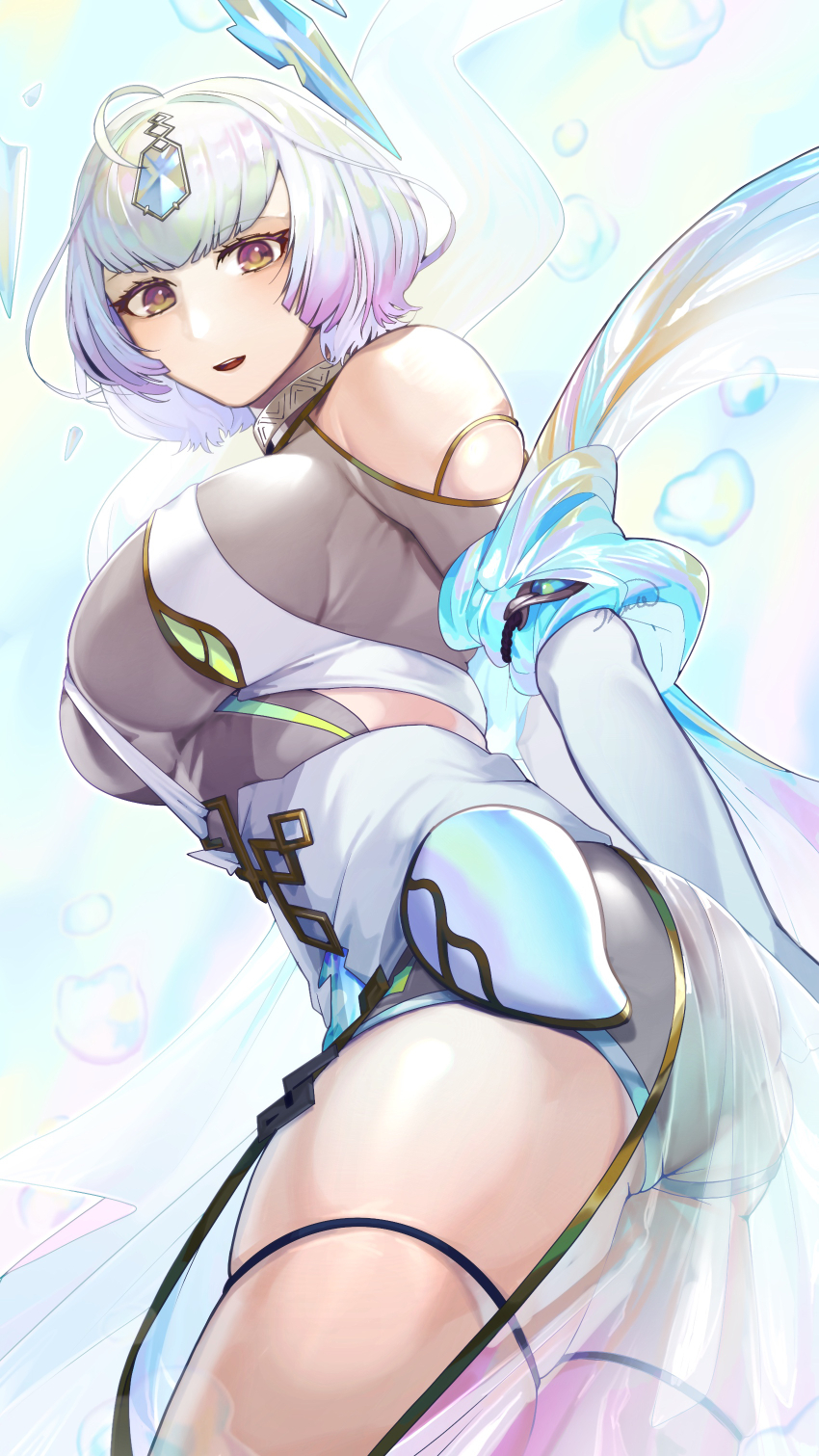 1girl, absurdres, ahoge, bob_cut, bodysuit, breasts, brown_eyes, clothing_cutout