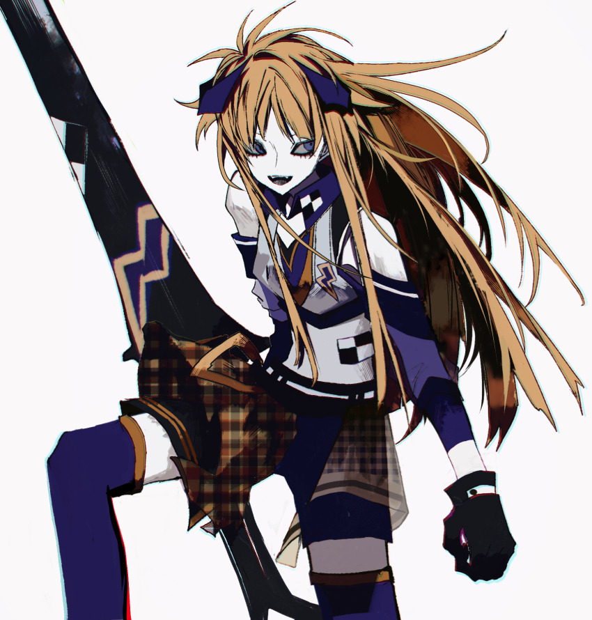 1girl, black_gloves, blonde_hair, blue_eyes, blue_shorts, blue_thighhighs, breasts, chromatic_aberration