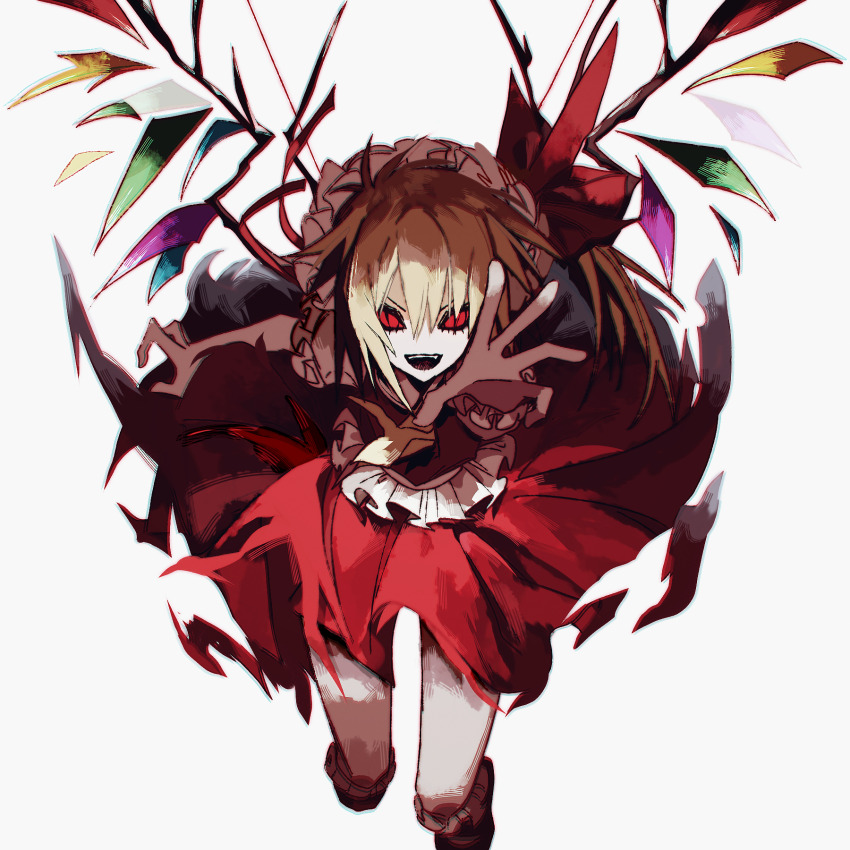 1girl, ascot, blonde_hair, chromatic_aberration, fang, flandre_scarlet, frilled_shirt, frilled_sleeves