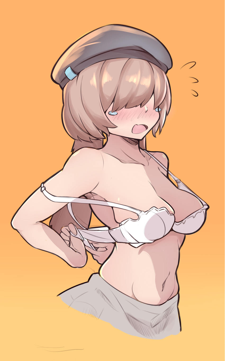 1girl, absurdres, adjusting_bra, adjusting_clothes, arknights, beret, blush, bra, breasts, brown_hair, chinese_commentary, commentary_request, covered_eyes, cropped_legs, dressing, facing_viewer, grey_hat, grey_skirt, hat, highres, long_hair, medium_breasts, mr.681, navel, no_eyes, open_mouth, orange_background, reserve_operator_caster_(arknights), simple_background, skirt, solo, tearing_up, underwear, white_bra