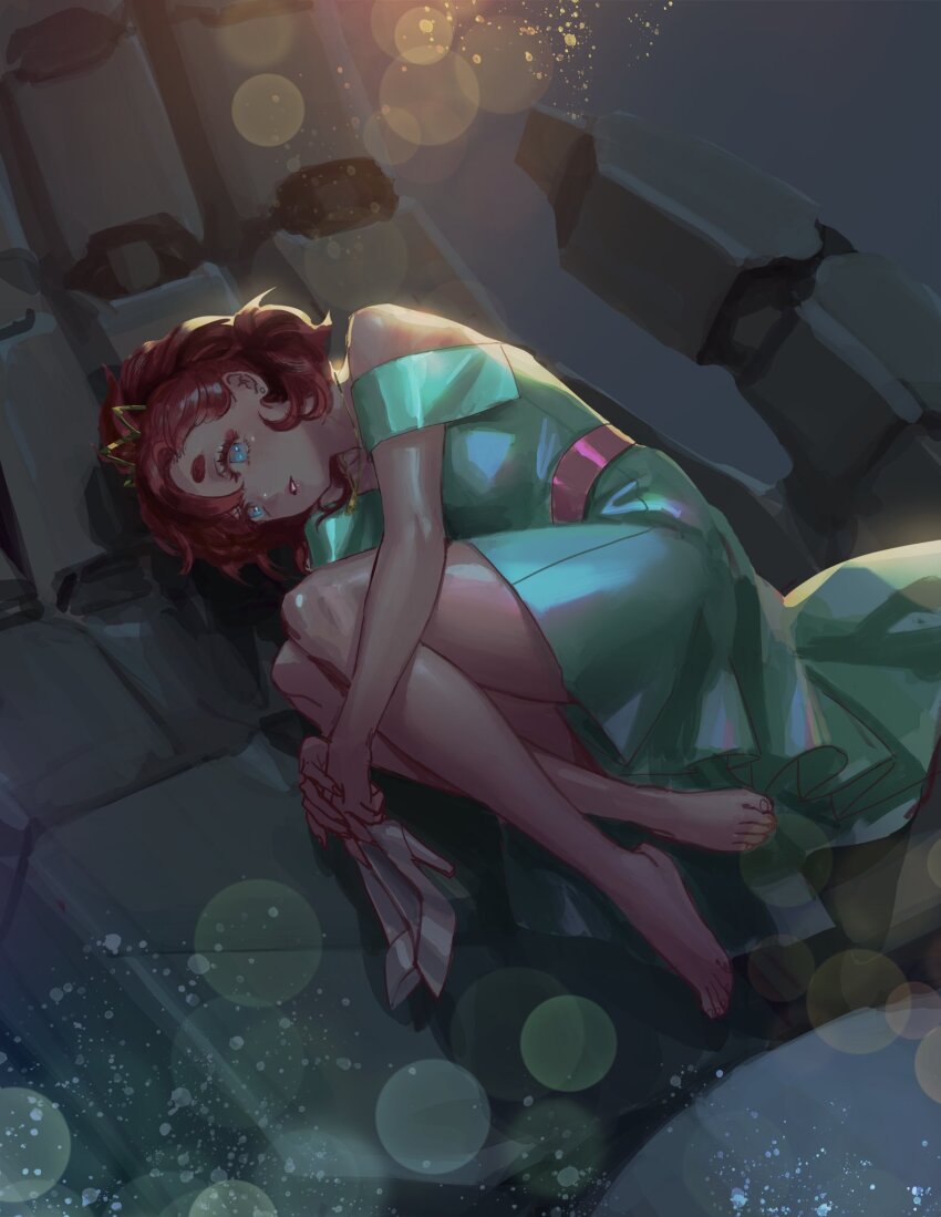 1girl, aqua_dress, aqua_eyes, bare_shoulders, barefoot, breasts, chestnut_ann, crossed_ankles