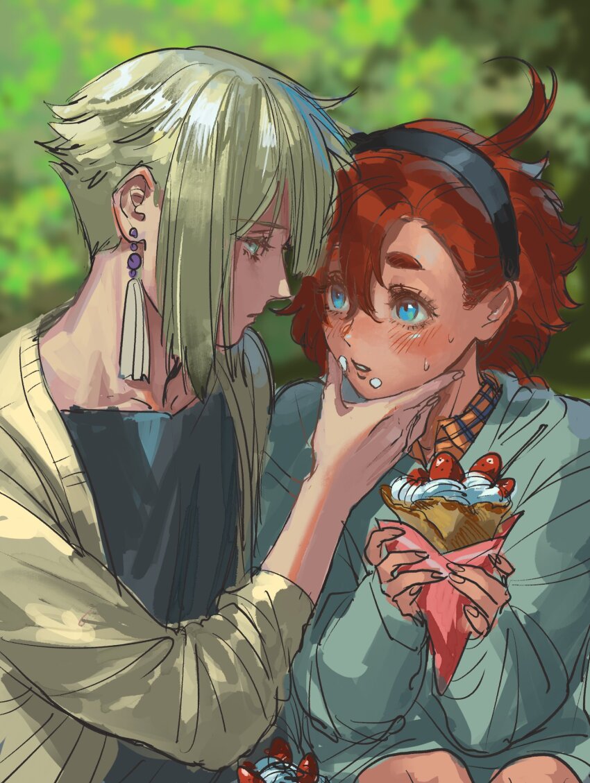 1boy, 1girl, aqua_sweater, black_hairband, black_shirt, blue_eyes, blurry, blurry_background