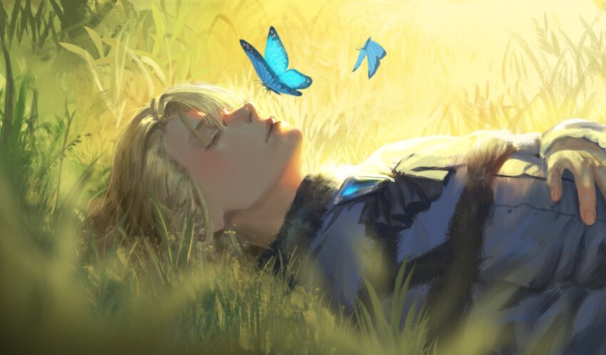 1boy, blonde_hair, blue_butterfly, blurry, blurry_foreground, bug, butterfly, chestnut_ann