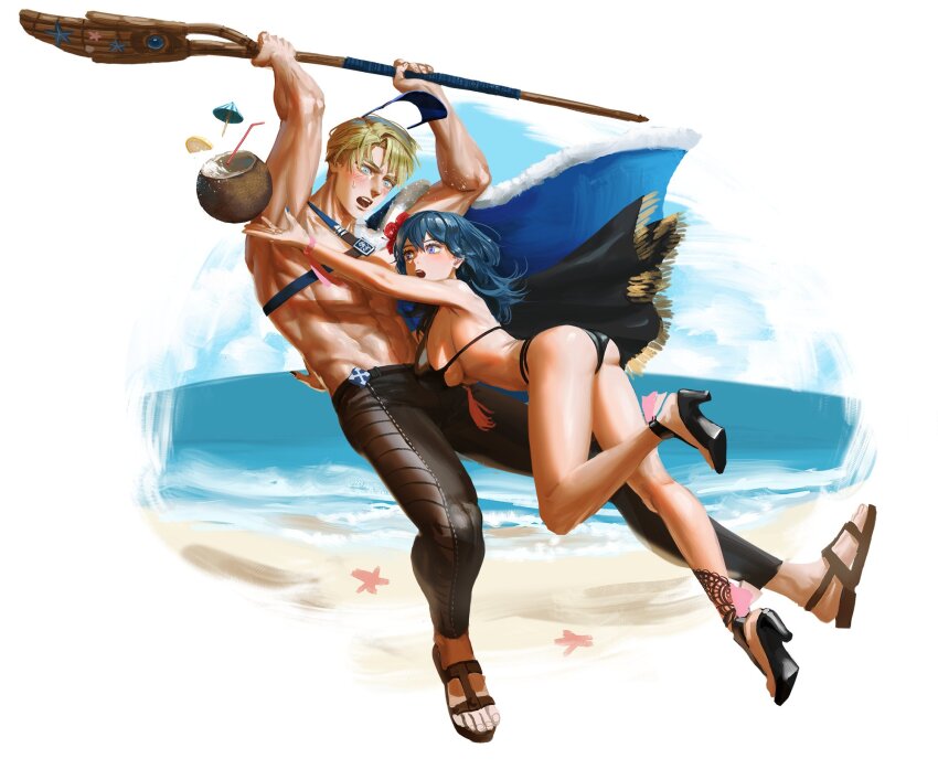 1boy, 1girl, ass, bare_shoulders, beach, bikini, black_bikini, black_cape