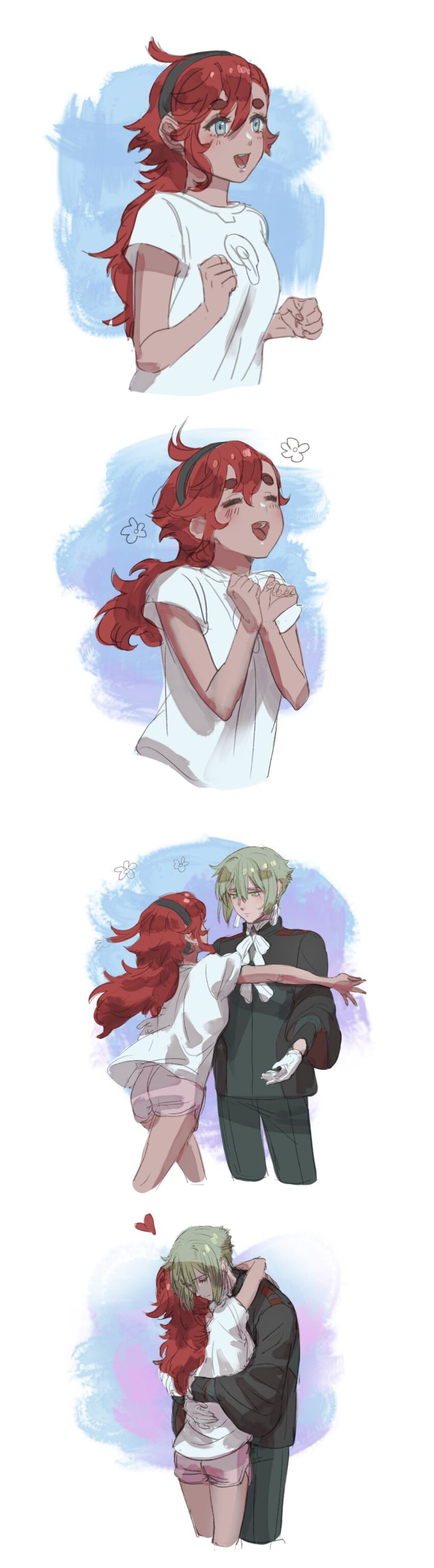 1boy, 1girl, absurdres, arms_around_another's_back, arms_around_neck, ascot, asticassia_school_uniform, black_hairband