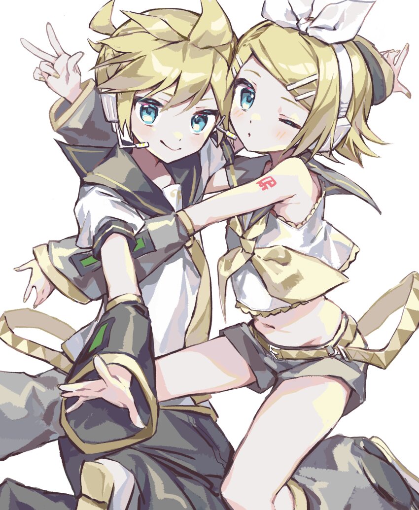 1boy, 1girl, absurdres, blonde_hair, blue_eyes, bow, brother_and_sister, detached_sleeves, groin, hair_bow, hair_ornament, hairclip, headphones, headset, highres, kagamine_len, kagamine_rin, krlouvf, leg_warmers, midriff, navel, neckerchief, necktie, one_eye_closed, ponytail, sailor_collar, short_ponytail, short_shorts, shorts, siblings, simple_background, smile, twins, v, vocaloid, white_background, white_bow, yellow_neckerchief, yellow_necktie
