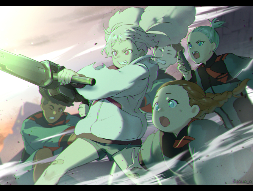 2boys, 3girls, afro, asticassia_school_uniform, bandaid, bandaid_on_leg, black_hair, blue_eyes