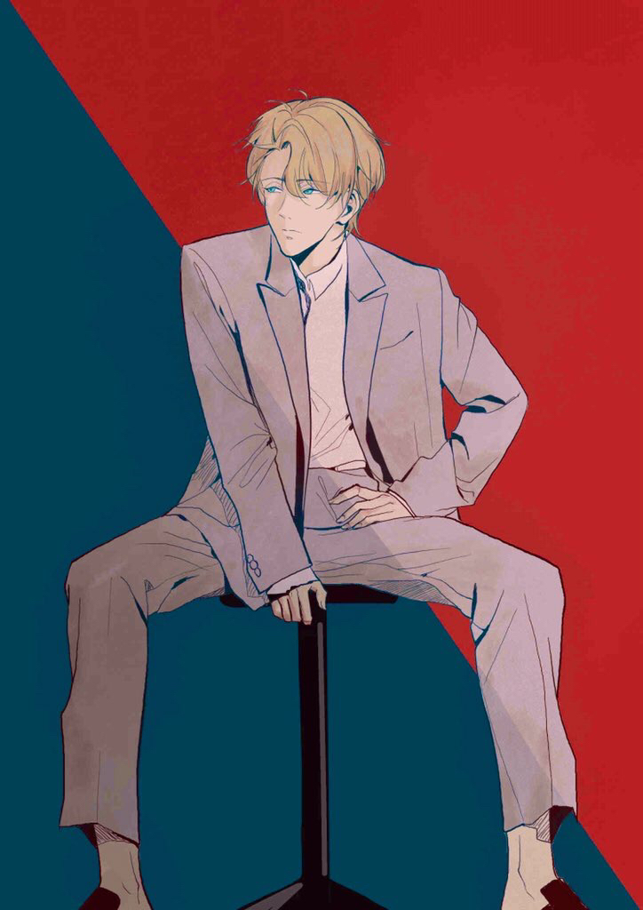 1boy, ash_lynx, banana_fish, blonde_hair, blue_background, blue_eyes, grey_jacket, jacket, male_focus, p_ppp_(doubledash_bank), pants, red_background, shirt, short_hair, simple_background, sitting, solo, stool, two-tone_background, white_shirt