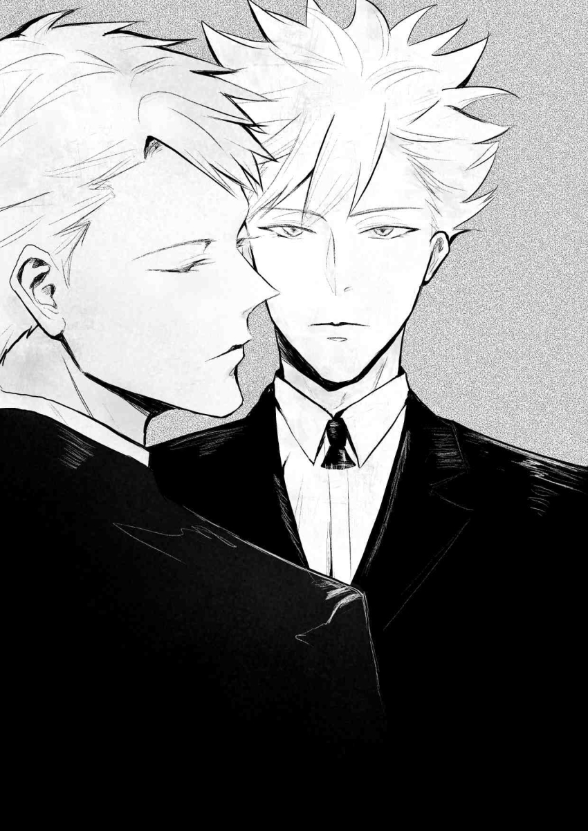 2boys, closed_eyes, formal_clothes, grey_background, greyscale, highres, id_:_invaded, male_focus