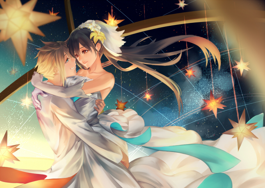 1boy, 1girl, bare_shoulders, black_hair, black_skirt, blonde_hair, blue_eyes, bridal_gauntlets