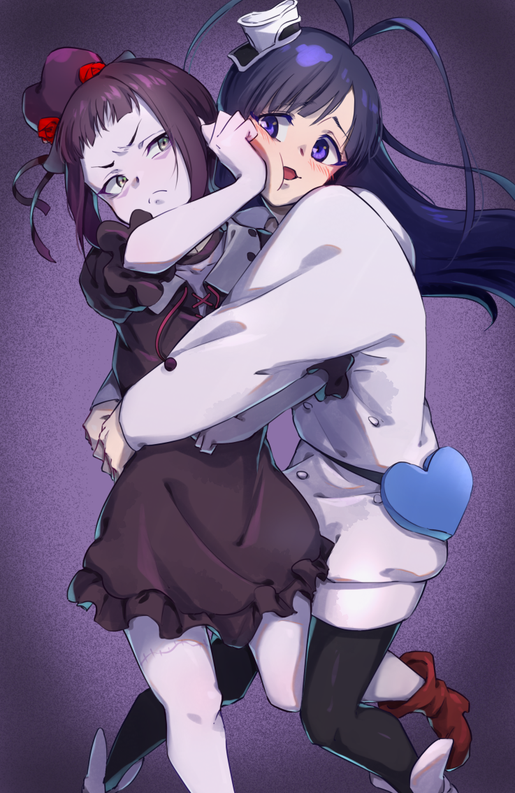 1boy, 1girl, ahoge, bare_legs, black_dress, black_hair, black_headwear, black_pantyhose