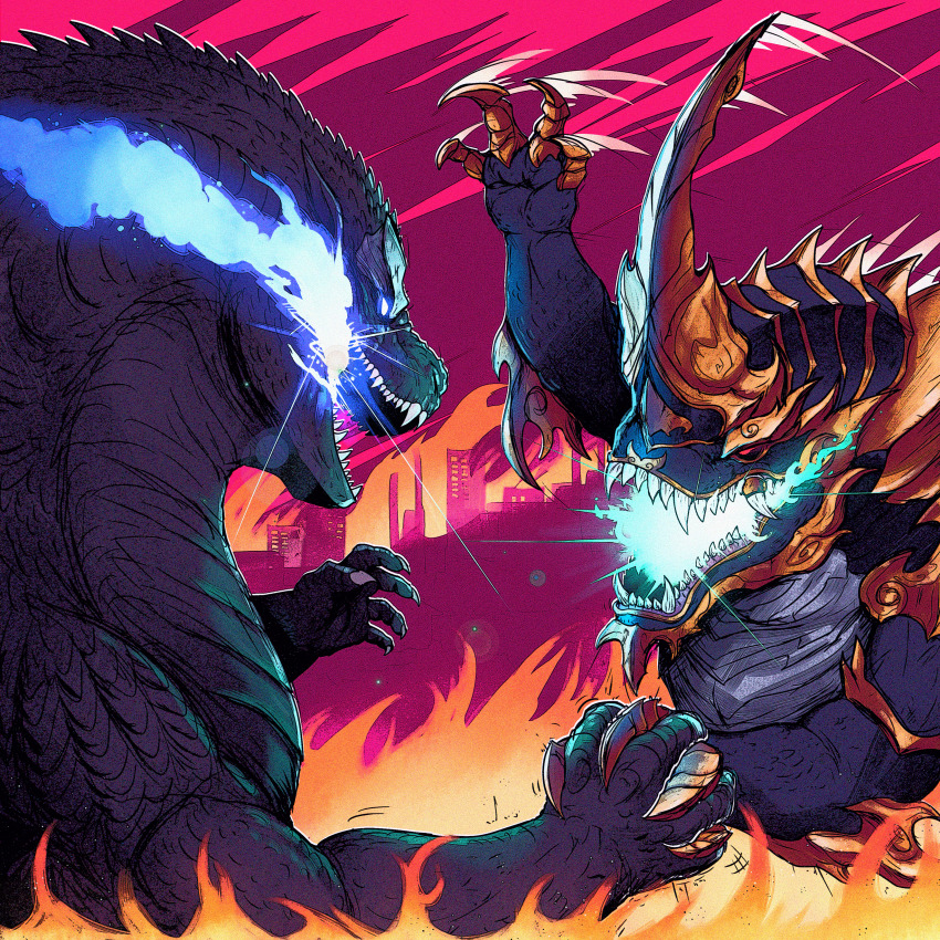 absurdres, animal_ears, atomic_breath, battle, blue_eyes, breath_weapon, breathing_fire, breathing_lightning