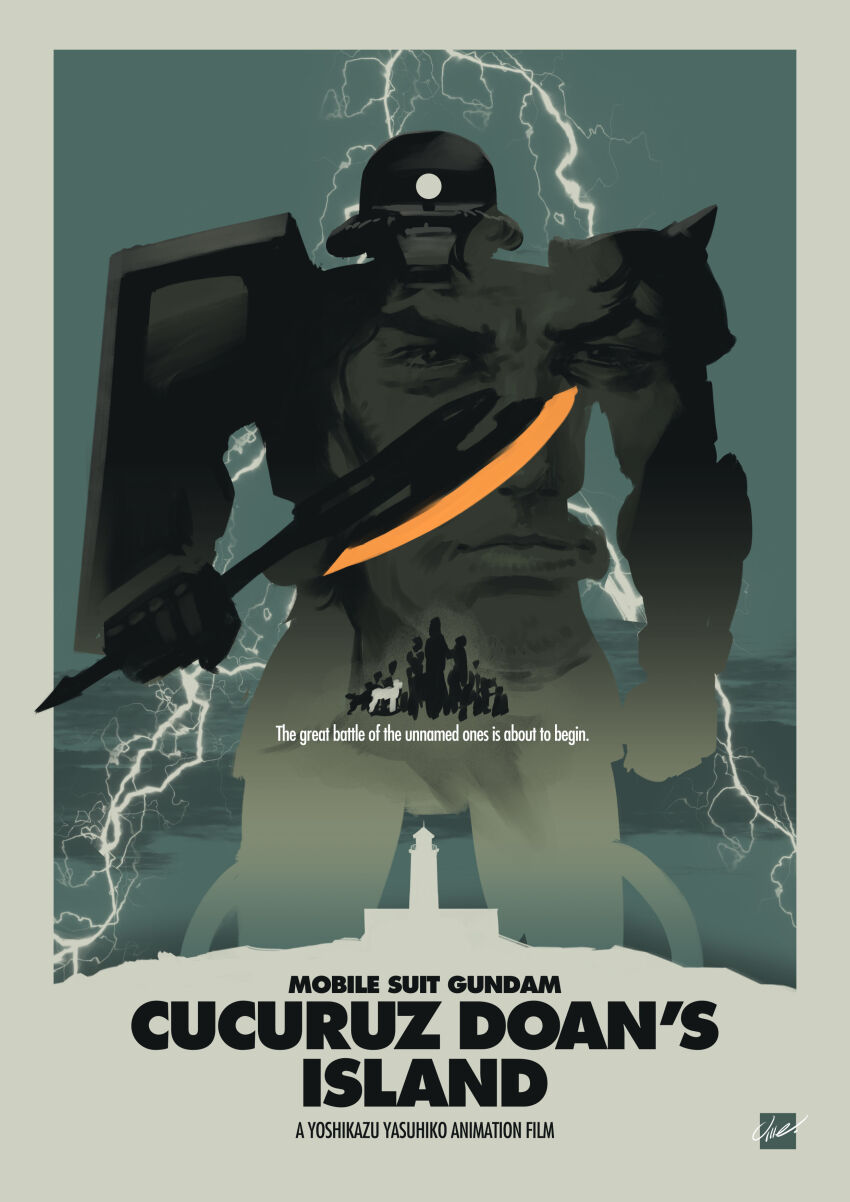 1boy, absurdres, axe, copyright_name, cucuruz_doan, english_text, gundam, highres