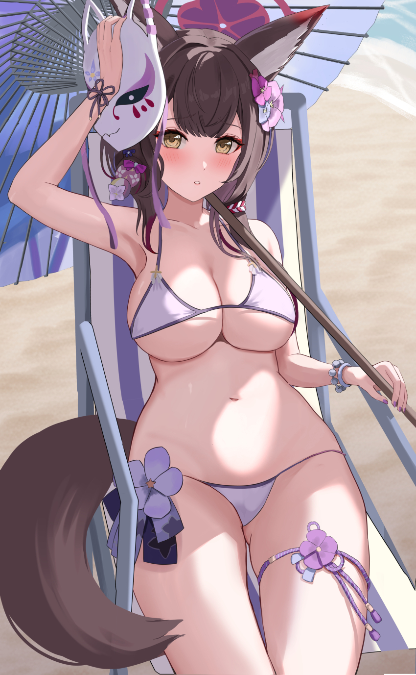 absurdres, animal_ears, beach, bikini, blue_archive, blush, breasts, brown_eyes, brown_hair, chair, chinese_knot, cleavage, flower, fox_ears, fox_girl, fox_mask, fox_tail, gluteal_fold, guree_(haiiro), hair_flower, hair_ornament, highres, large_breasts, looking_at_viewer, lounge_chair, mask, mask_on_head, micro_bikini, navel, parted_lips, swimsuit, tail, thigh_strap, umbrella, underboob, wakamo_(blue_archive), yellow_eyes