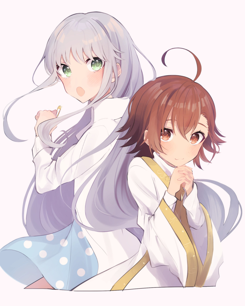 2girls, :3, :o, ahoge, alternate_costume, back-to-back, blue_dress, blush