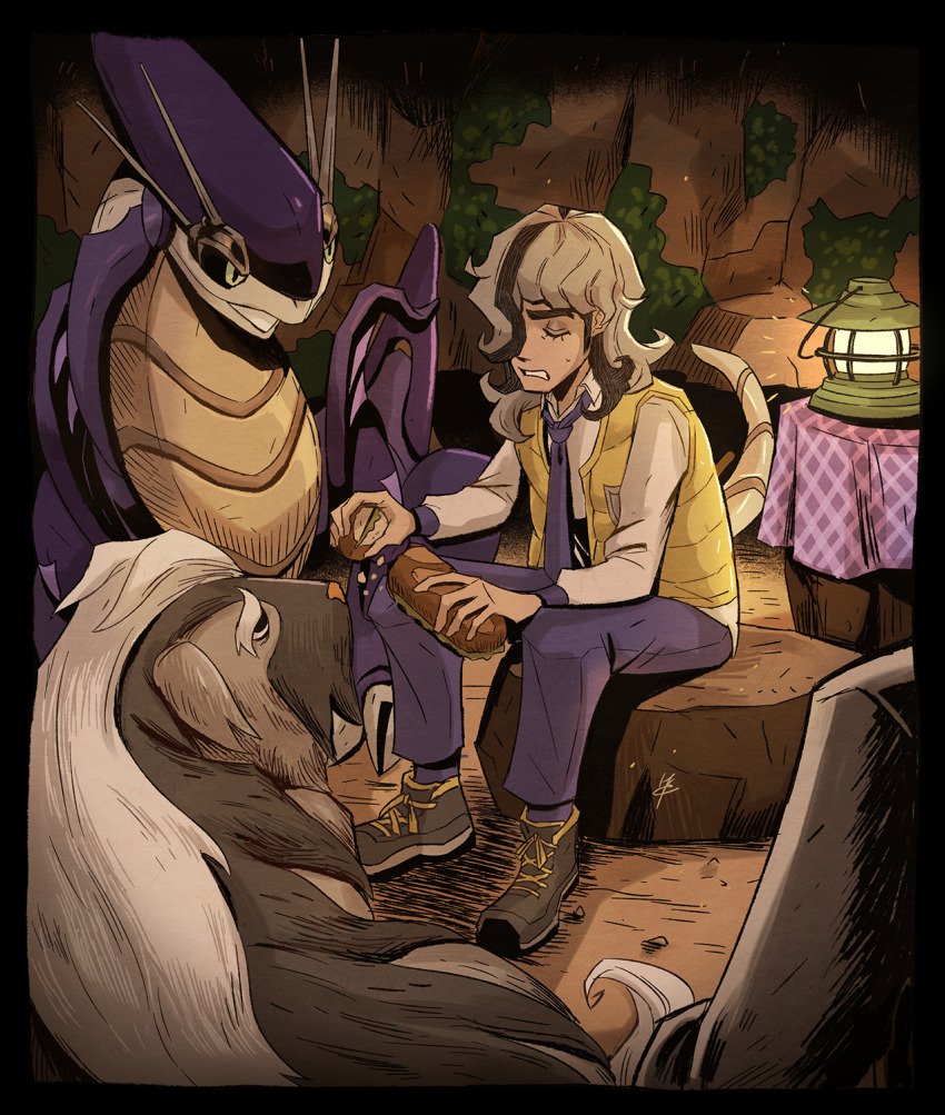 1boy, arven_(pokemon), boots, bread, brown_hair, closed_eyes, collared_shirt, commentary, eyelashes, food, hackto, hair_over_one_eye, highres, holding, holding_food, long_hair, long_sleeves, mabosstiff, male_focus, miraidon, necktie, nintendo, open_clothes, open_vest, pants, pokemon, pokemon_scarlet_and_violet, purple_necktie, purple_pants, rock, sandwich, shirt, sitting, vest, yellow_vest