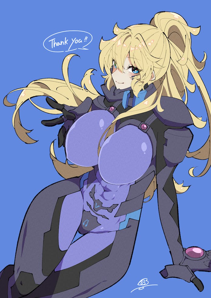 1girl, abs, black_gloves, blonde_hair, blue_background, blue_eyes, blush, bodysuit, breasts, bright_pupils, commentary, commission, covered_navel, english_commentary, english_text, floating_hair, fortified_suit, gloves, huge_breasts, impossible_bodysuit, impossible_clothes, kamon_rider, long_hair, looking_at_viewer, mecha_pilot_suit, muv-luv, muv-luv_alternative, open_hand, original, ponytail, signature, simple_background, sitting, skeb_commission, skin_tight, smile, solo, speech_bubble, white_pupils