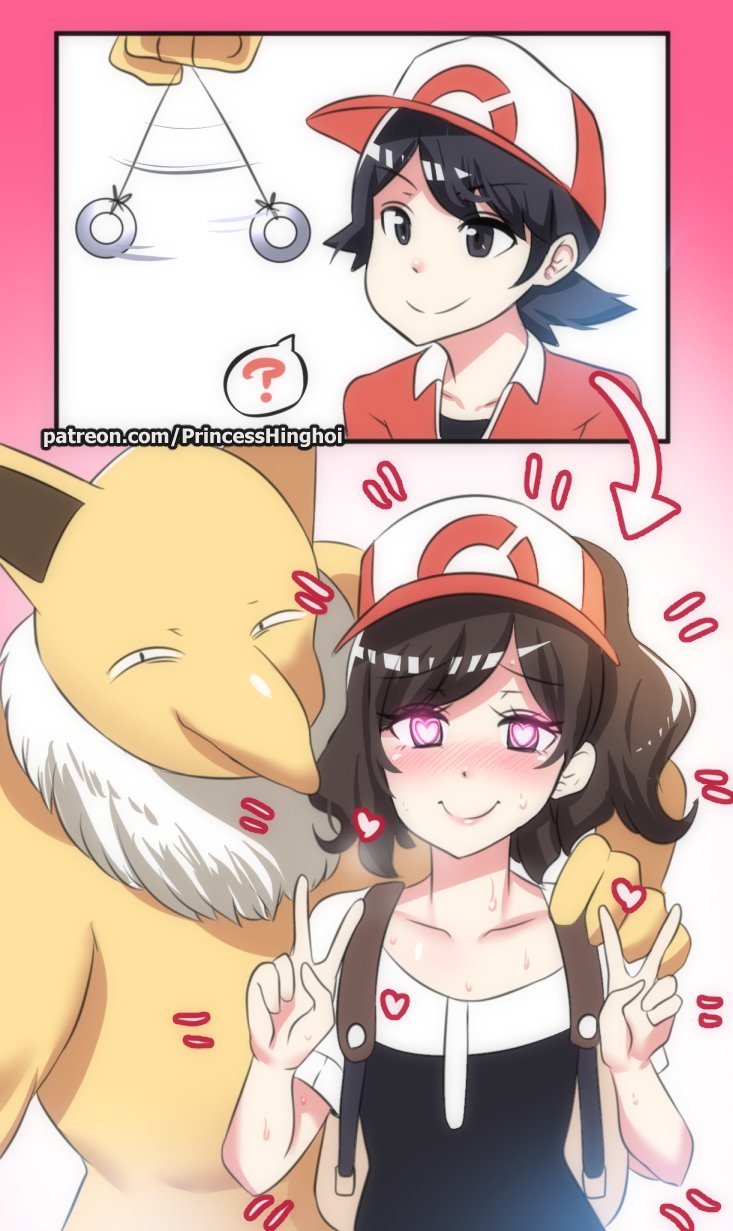1boy, ?, baseball_cap, black_hair, chase_(pokemon), closed_mouth, cosplay, crossdressing, crossdressing_(mtf), double_v, elaine_(pokemon), elaine_(pokemon)_(cosplay), gen_1_pokemon, hat, heart, heart-shaped_pupils, highres, hinghoi, hypno, hypnosis, looking_at_viewer, male_focus, mind_control, nintendo, pendulum, pokemon, pokemon_(creature), pokemon:_let's_go_pikachu!_and_let's_go_eevee!, ponytail, smile, spoken_question_mark, sweat, symbol-shaped_pupils, trap, v