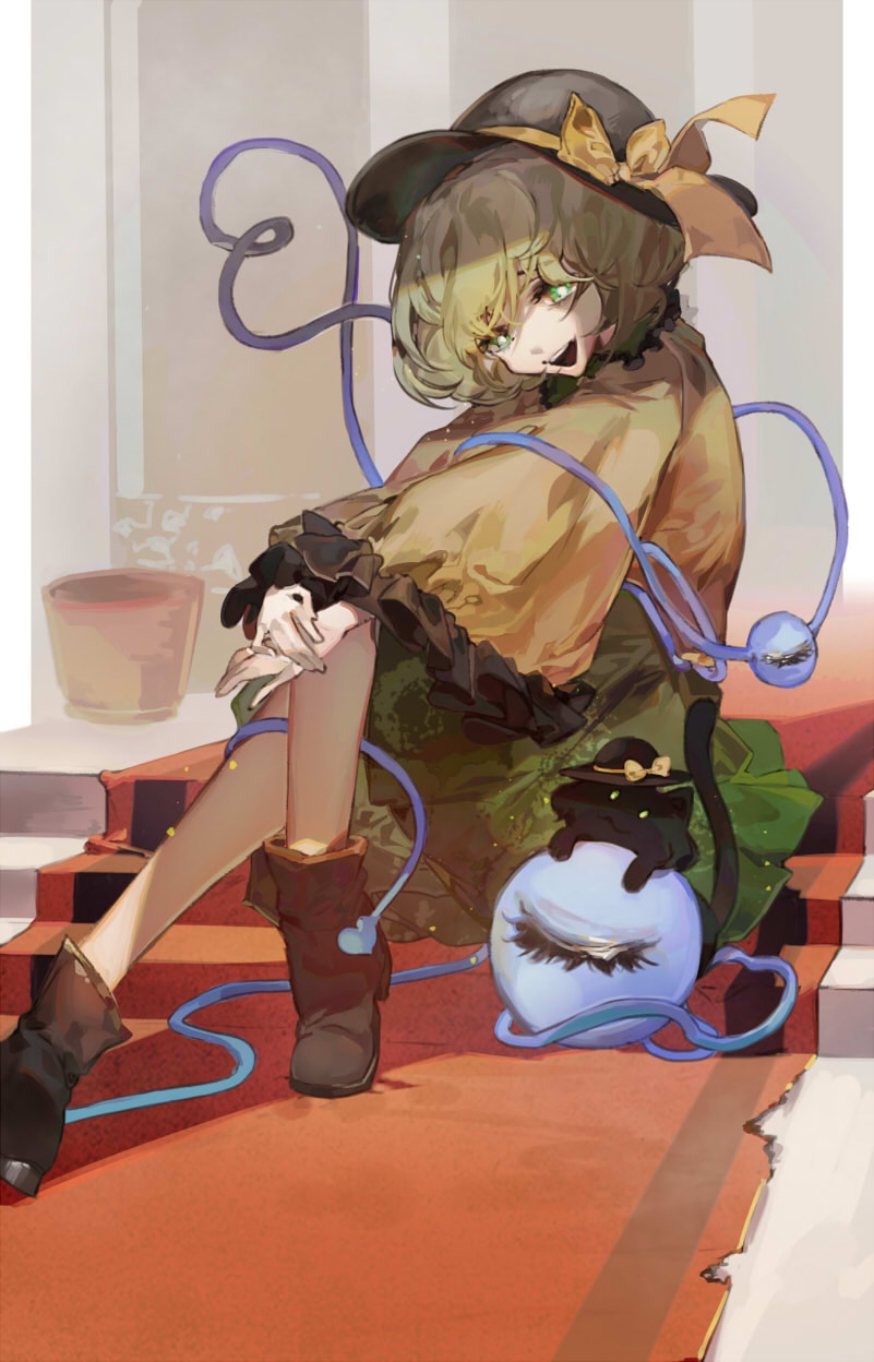 1girl, black_boots, black_cat, black_hat, boots, cat, chinese_commentary, collared_shirt