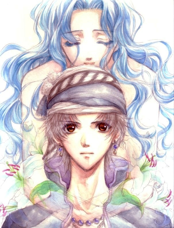 1990s_(style), 1boy, 1girl, bandana, blue_hair, brown_eyes, couple, earrings