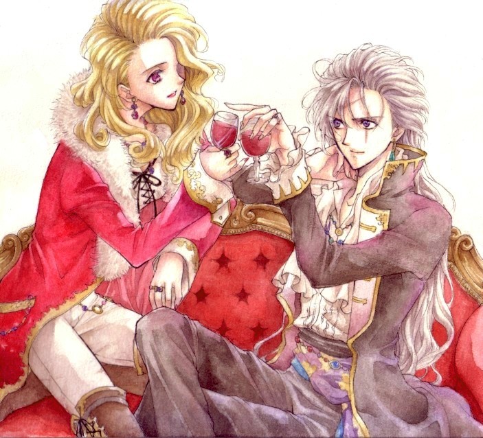 1990s_(style), 1boy, 1girl, alcohol, blonde_hair, coat, couch, couple, crossed_legs, cup, darill, drinking_glass, earrings, final_fantasy, final_fantasy_vi, grey_hair, hair_over_one_eye, jewelry, long_hair, mochineko, pants, purple_eyes, retro_artstyle, ring, scar, setzer_gabbiani, sitting, trench_coat, wine, wine_glass
