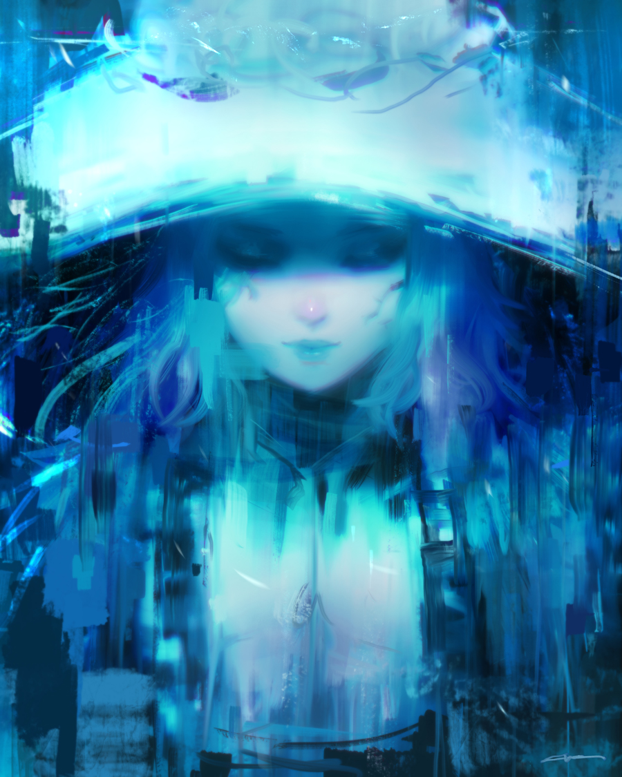 1girl, alex_chow, blue_dress, blue_hair, blue_hat, blue_lips, blue_skin, closed_eyes