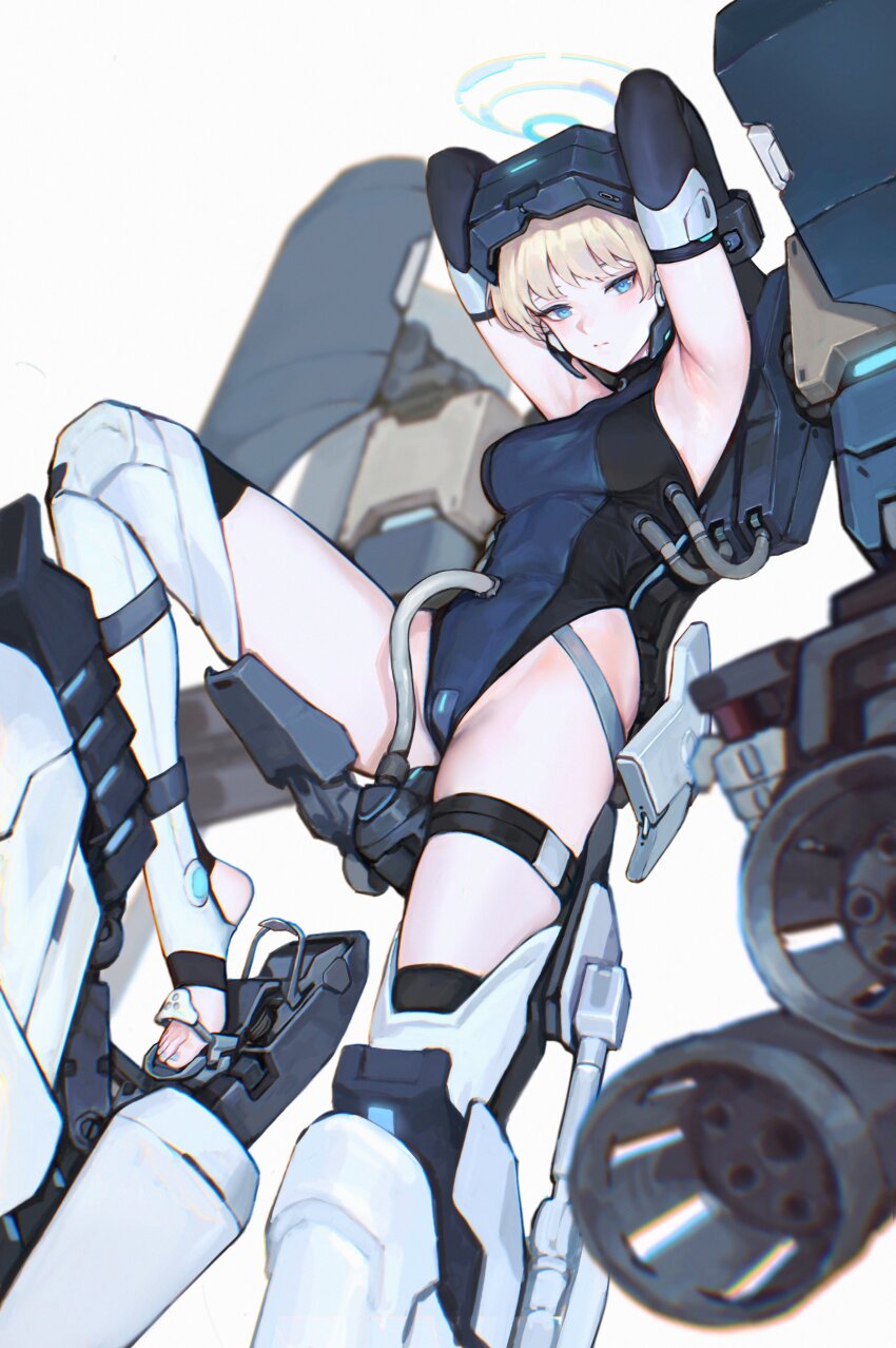 1girl, absurdres, armpits, arms_behind_head, arms_up, black_gloves, blonde_hair, blue_archive
