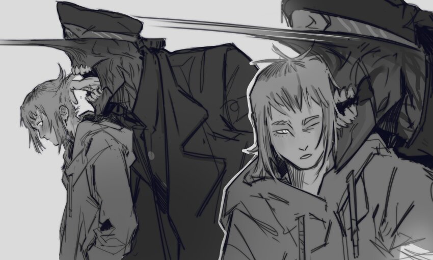 1boy, 1girl, absurdres, black_coat, black_shirt, blush, chainsaw_man, coat