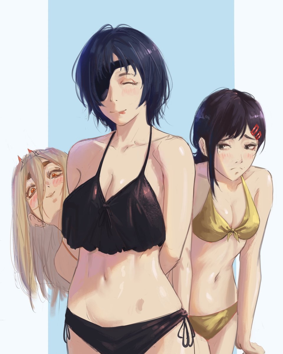 3girls, arms_behind_back, bikini, black_bikini, black_chemise, black_hair, blonde_hair, blush, chainsaw_man, chemise, closed_eyes, eyepatch, front-tie_bikini_top, front-tie_top, frown, hair_between_eyes, hair_ornament, hairclip, higashiyama_kobeni, highres, himeno_(chainsaw_man), hunched_over, long_hair, looking_at_viewer, looking_to_the_side, luxearte, midriff, mole, mole_under_eye, multiple_boys, multiple_girls, orange_eyes, panties, power_(chainsaw_man), short_hair, side-tie_panties, simple_background, single_sidelock, swimsuit, tongue, tongue_out, two-tone_background, underwear, yellow_bikini