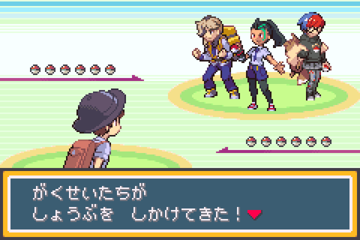 2boys, 2girls, arven_(pokemon), backpack, bag, black_hair, blue_hair, brown_hair, dark-skinned_female, dark_skin, florian_(pokemon), glasses, green_hair, hair_over_one_eye, hat, holding, holding_poke_ball, long_hair, multicolored_hair, multiple_boys, multiple_girls, nemona_(pokemon), nintendo, oobako, pants, pantyhose, penny_(pokemon), pixel_art, poke_ball, pokemon, pokemon_battle, pokemon_firered_and_leafgreen, pokemon_scarlet_and_violet, ponytail, print_pantyhose, red_hair, short_hair, shorts, standing, streaked_hair