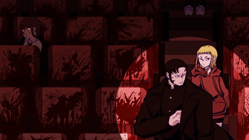 1boy, 2girls, black_coat, black_hair, black_necktie, blonde_hair, blood, blood_from_mouth