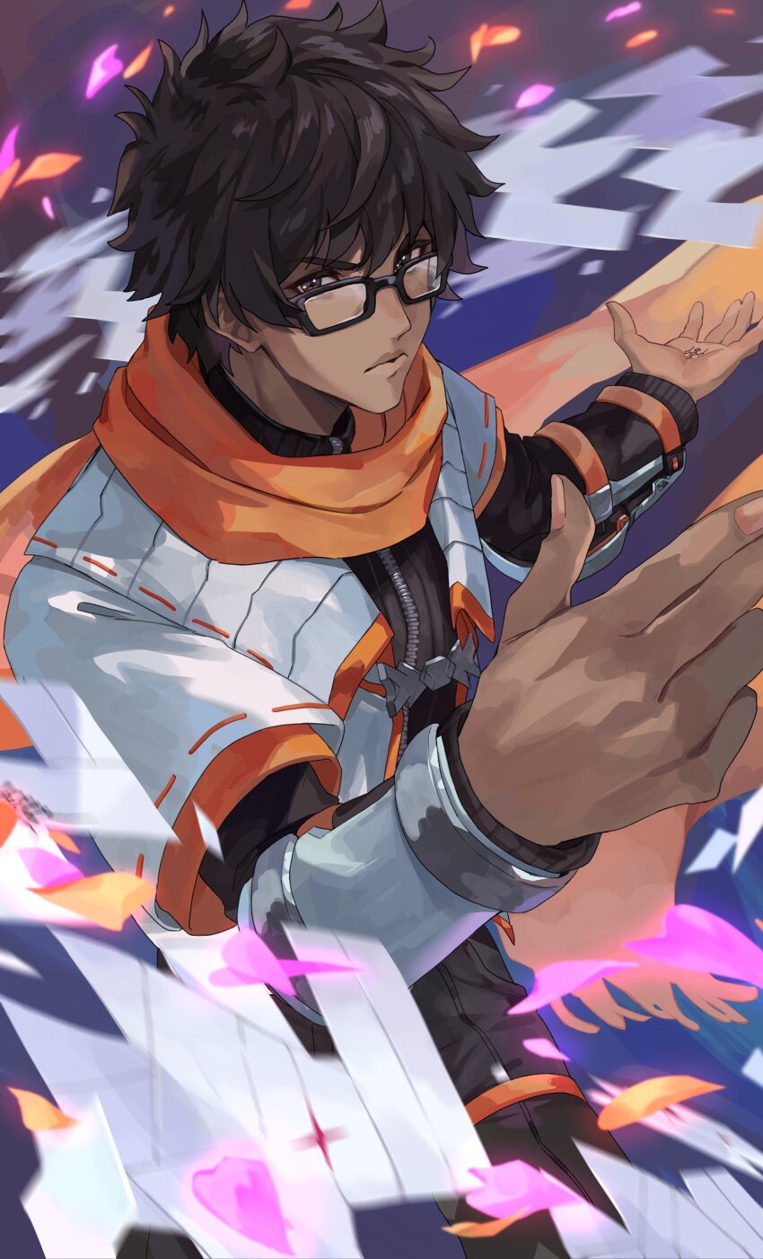 1boy, angry, arm_armor, black-framed_eyewear, black_hair, brown_eyes, dark-skinned_male, dark_skin, glasses, highres, jacket, kamu_(kamuuei), mondo_(xenoblade_3), male_focus, mondo_(xenoblade_chronicles_3), orange_scarf, origami, scarf, shirt, taion_(xenoblade), white_jacket, xenoblade_chronicles_(series), xenoblade_chronicles_3