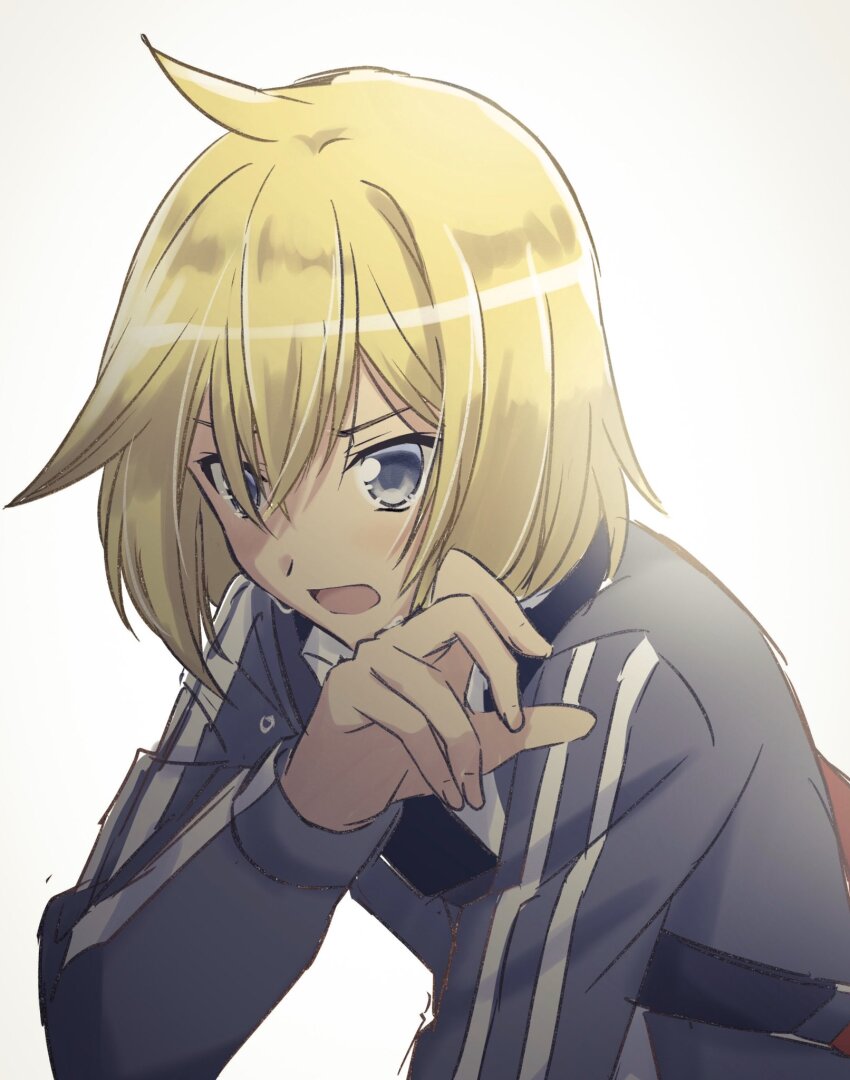 1boy, arm_support, bag, blonde_hair, grey_eyes, grey_jacket, highres, jacket