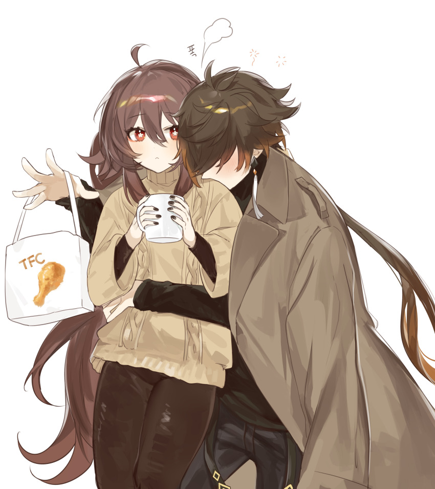 1boy, 1girl, :<, absurdres, alternate_costume, bag, black_hair, black_nails