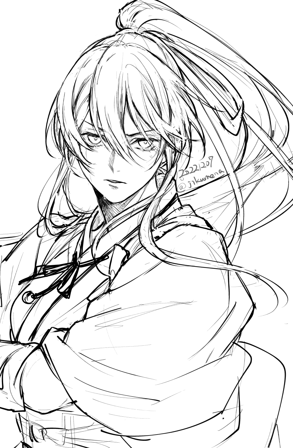 1girl, floating_hair, greyscale, hair_between_eyes, high_ponytail, highres, jigokuraku, long_hair